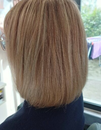 Cheveux lisses aux nuances blond foncé, vus de dos
